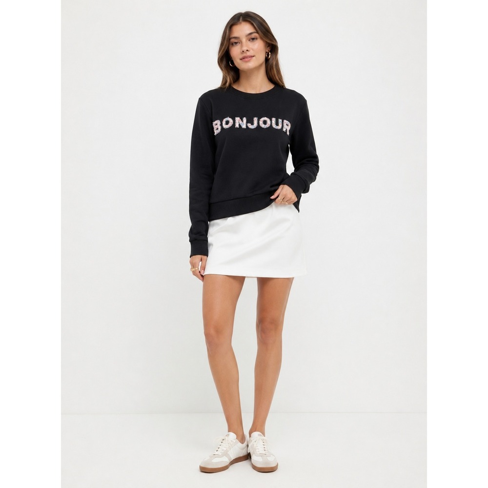 Endless Rose Sweatshirt Women Small Black Bonjour Beaded Graphic Pullover